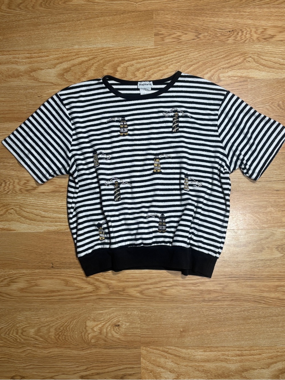 BonWorth Black & White Striped Short Sleeve Tee with Lighthouse Embellishments